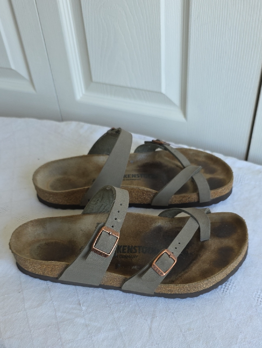 Birkenstock Mayari Sandals in Taupe with Bronze Tone Buckles Size 40